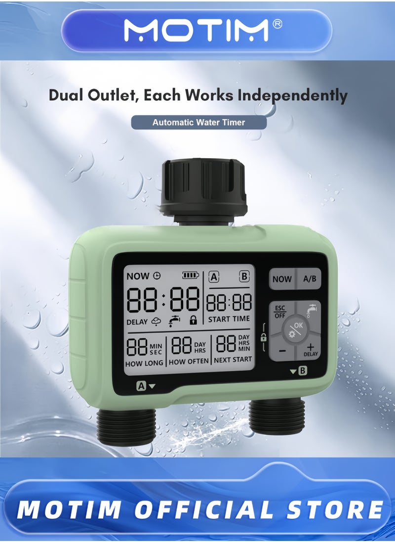 2-Outlet Digital Water Timer IPX5 Waterproof Programmable Garden Sprinkler with Large LCD Display