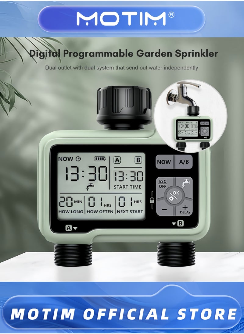 2-Outlet Digital Water Timer IPX5 Waterproof Programmable Garden Sprinkler with Large LCD Display