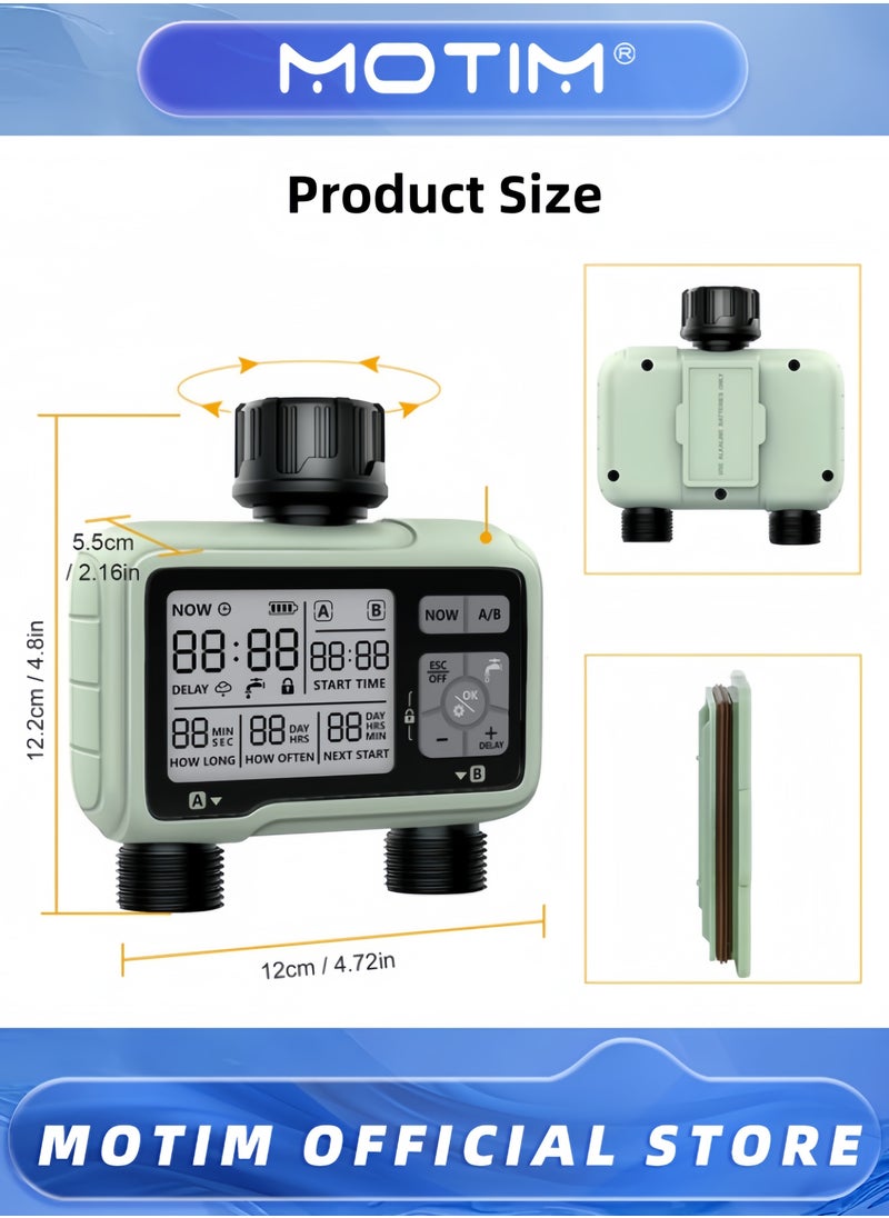 2-Outlet Digital Water Timer IPX5 Waterproof Programmable Garden Sprinkler with Large LCD Display