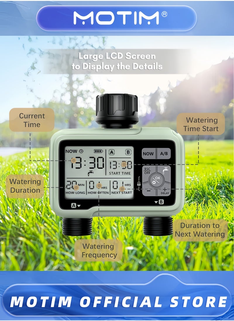 2-Outlet Digital Water Timer IPX5 Waterproof Programmable Garden Sprinkler with Large LCD Display