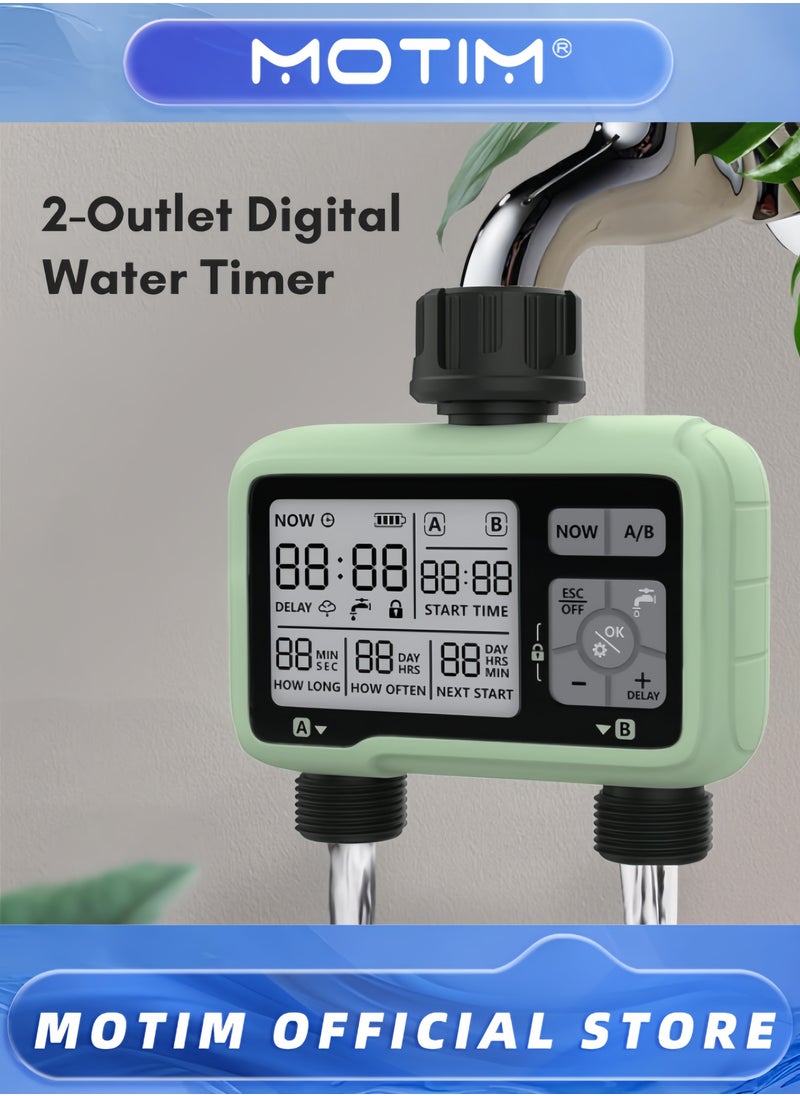 2-Outlet Digital Water Timer IPX5 Waterproof Programmable Garden Sprinkler with Large LCD Display