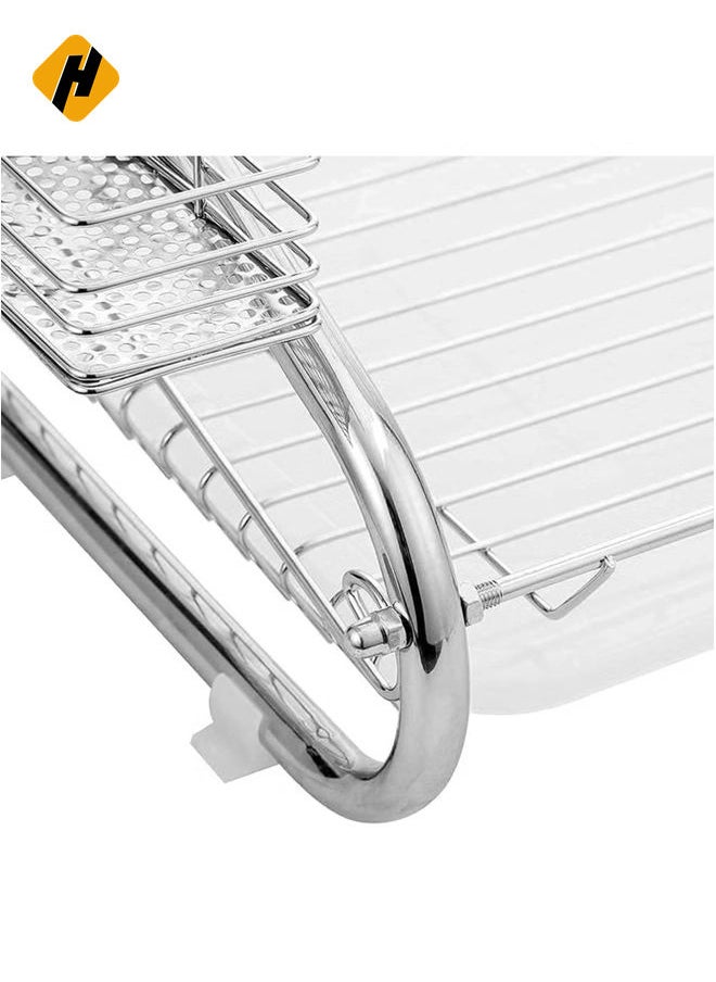 Dish Drying Rack Over the Sink, 2-Tier Dish Rack with Utensil Holder, Water Cup Holder and Drain Board for Kitchen Counter