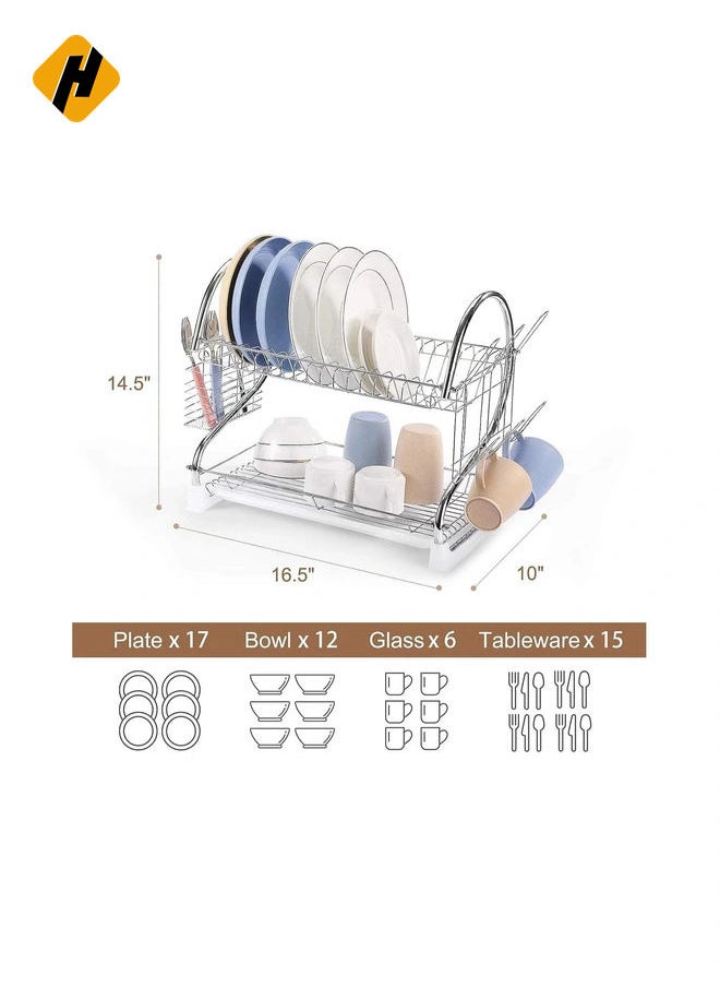 Dish Drying Rack Over the Sink, 2-Tier Dish Rack with Utensil Holder, Water Cup Holder and Drain Board for Kitchen Counter