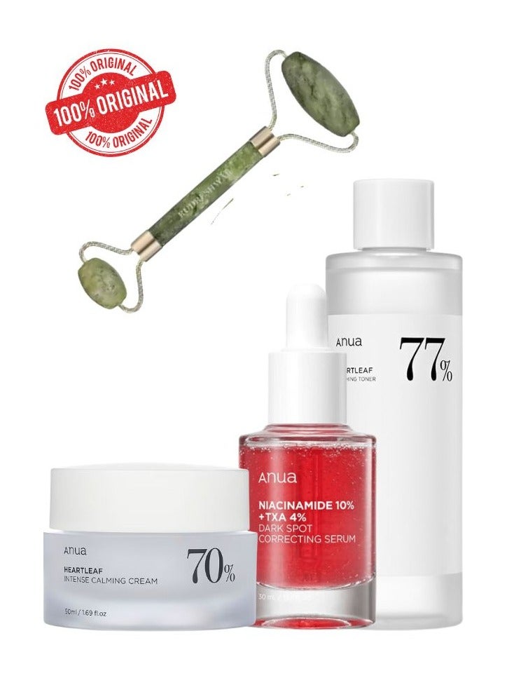 Heartleaf Brightening and Calming Skincare Set - 77 Soothing Toner - Dark Spot Correcting Serum with 10% Niacinamide & TXA - and 70% Intense Calming Cream for Even - Radiant Skin - Face Scrubber - 330 MLml