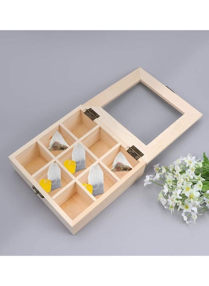 Tea Bag Organizer Storage Box Tea Storage Chest Case Wooden Tea Bag Sorter Jewelry Organizer Storage Box with 9 Compartments for Any Home or Restaurant and Office