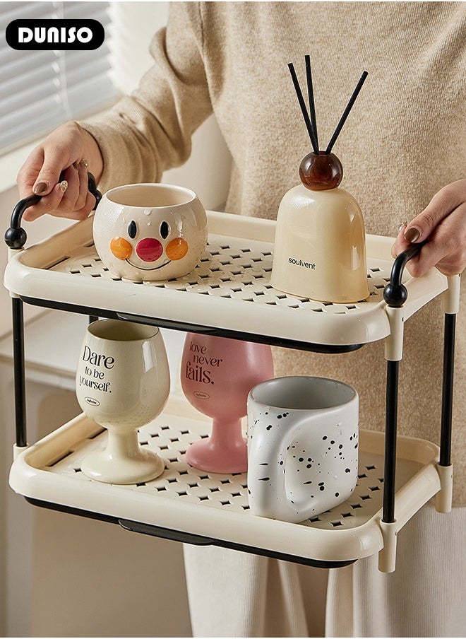 2 Tier Cup Drying Rack with Drain Tray, Countertop Mug Holder, Bathroom Cup Storage Shelf, Multi-Functional Kitchen Storage Organizer Shelf for Glasses, Tumbler, Teacups