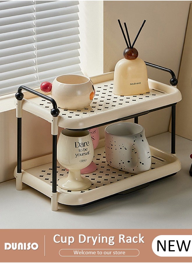 2 Tier Cup Drying Rack with Drain Tray, Countertop Mug Holder, Bathroom Cup Storage Shelf, Multi-Functional Kitchen Storage Organizer Shelf for Glasses, Tumbler, Teacups