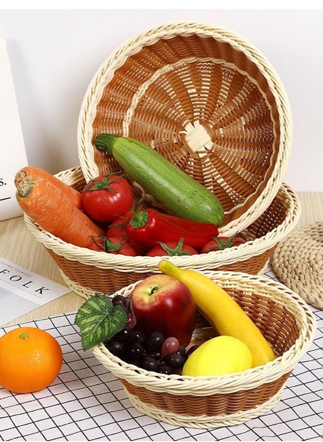 Round 3 Pack Polypropylene Rattan Baskets ,Food Vegetable Storage for Kitchen Table, Hand Woven Organizer for Home Deco, Basket Set of 3 Sizes