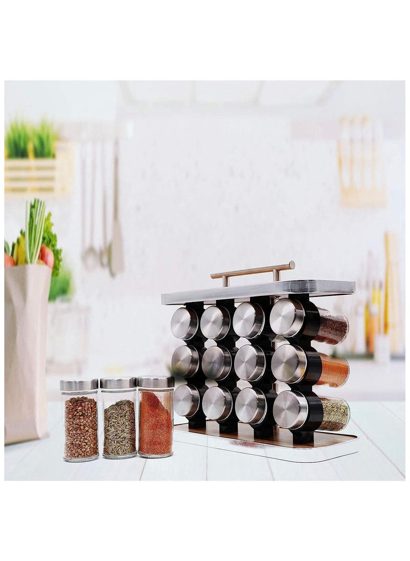 Spice Rack Organizer with 12 Empty Spice Jars | Portable Stainless Steel Seasoning Holder with Imitation Wood Finish | Compact Kitchen Cabinet & Countertop Storage Solution for Home & Hotels