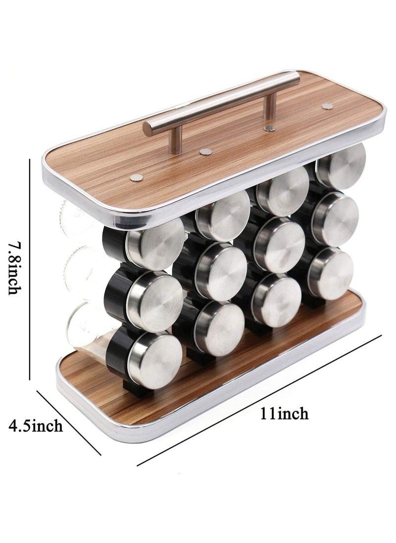 Spice Rack Organizer with 12 Empty Spice Jars | Portable Stainless Steel Seasoning Holder with Imitation Wood Finish | Compact Kitchen Cabinet & Countertop Storage Solution for Home & Hotels