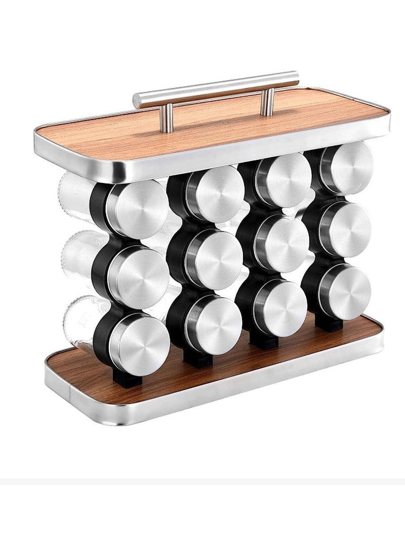 Spice Rack Organizer with 12 Empty Spice Jars | Portable Stainless Steel Seasoning Holder with Imitation Wood Finish | Compact Kitchen Cabinet & Countertop Storage Solution for Home & Hotels