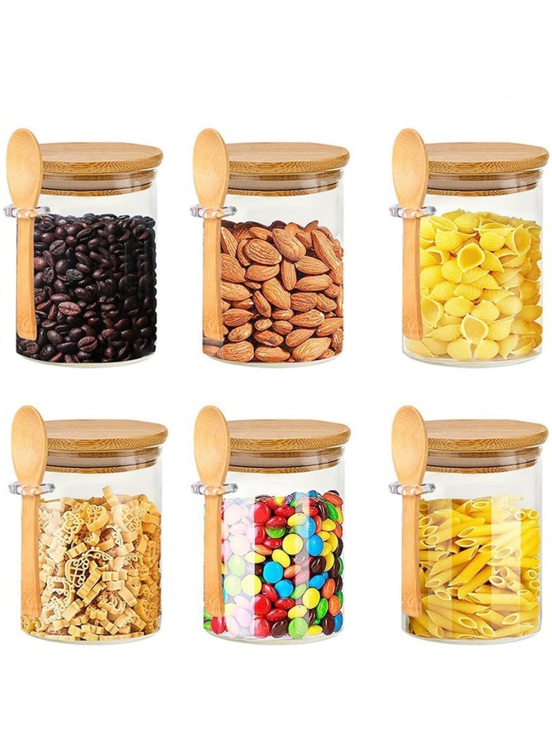 6-Pack 550 ml (19.36 oz) Glass Jars With Aitight Wooden Lids and Spoon,Spice Jars Overnight Oats Jars Breakfast Jars Sugar Salt Coffee Tea Candy Cookies Jars, Kitchen Storage