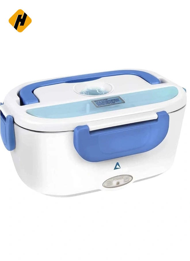 Electric Lunch Box Food Heater – Car, Home, and Office Use – Steam Vent – LED Indicator – Dishwasher Safe – Easy Use & Portability – White & Blue.