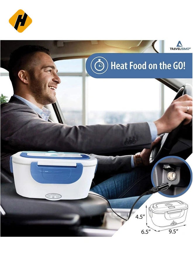 Electric Lunch Box Food Heater – Car, Home, and Office Use – Steam Vent – LED Indicator – Dishwasher Safe – Easy Use & Portability – White & Blue.