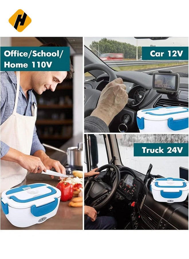 Electric Lunch Box Food Heater – Car, Home, and Office Use – Steam Vent – LED Indicator – Dishwasher Safe – Easy Use & Portability – White & Blue.