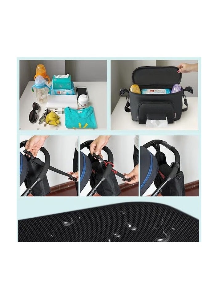 Universal PU Leather Stroller Organizer with Insulated Cup Holder, Tissue Pocket, Adjustable Strap, and Large Capacity for Baby Essentials - Fits Any Stroller