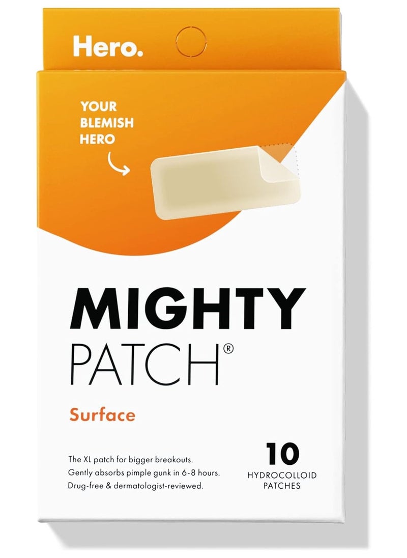 Mighty Patch Surface - Hydrocolloid Large Acne Pimple Patch Spot Treatment (10 count) for Body and Larger Breakouts on Cheek, Forehead, Chin, Vegan, Cruelty-Free, 50% Better Absorption