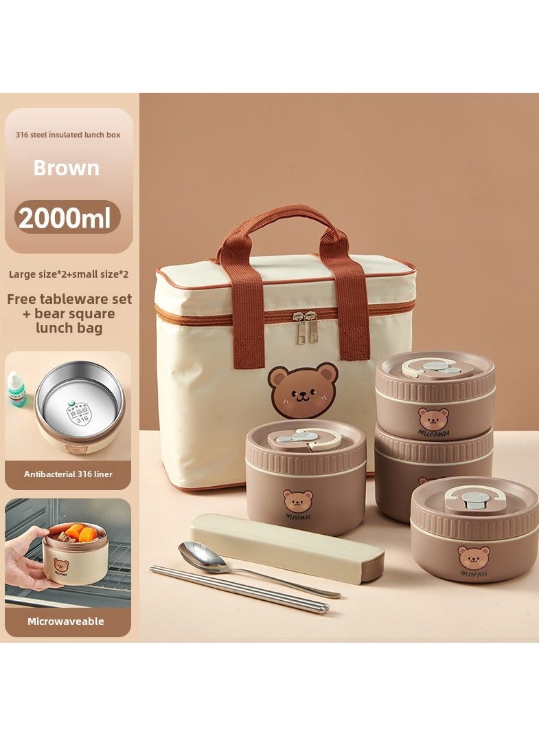 Stainless Steel Thermal Lunch Box Bento Box Portable Insulated Lunch Container Set with Bag and Spoon Microwave Safe Dishwasher Safe 4 Pcs Beige