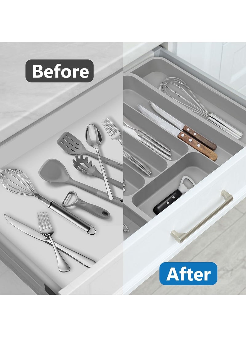 Silverware Drawer Organizer, Expandable Utensil Tray for Kitchen Drawer Organizer, Cutlery and Flatware Holder for Forks, Knives, Adjustable Plastic Kitchen Organizers Storage Solution