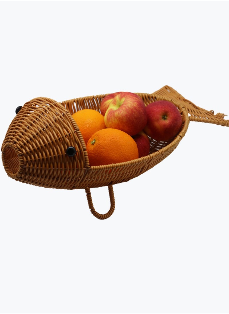 Fish-Shaped Polypropylene Rattan Basket ,Multifunctional Tray with Standing Holders,Fruit Vegetable Basket,Natural Style Home Decor,Distinctive Organizer Container ,Brown