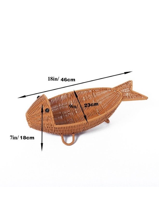 Fish-Shaped Polypropylene Rattan Basket ,Multifunctional Tray with Standing Holders,Fruit Vegetable Basket,Natural Style Home Decor,Distinctive Organizer Container ,Brown