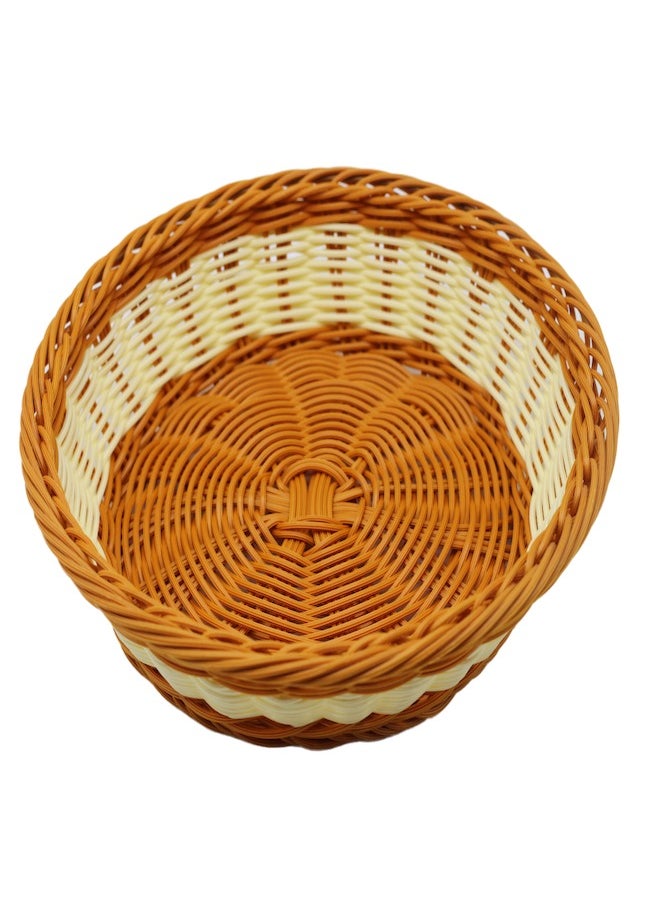 Round Polypropylene Rattan Basket ,Food Vegetable Storage for Kitchen Table, Hand Woven Organizer for Home Deco，White mix Brown,25*7cm