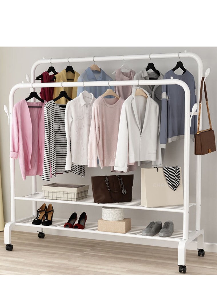 Clothes Organizer Clothes Hanger Clothes Rack Double Rods Clothing Rack Free Standing Metal Clothing Hanging Rack with 2 Layer Storage Rack and Wheels for Bedroom Hallway Entryway（White）