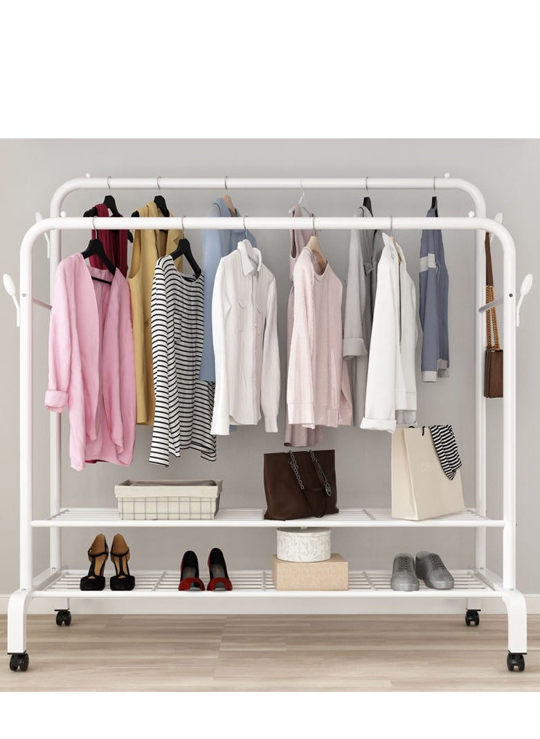 Clothes Organizer Clothes Hanger Clothes Rack Double Rods Clothing Rack Free Standing Metal Clothing Hanging Rack with 2 Layer Storage Rack and Wheels for Bedroom Hallway Entryway（White）