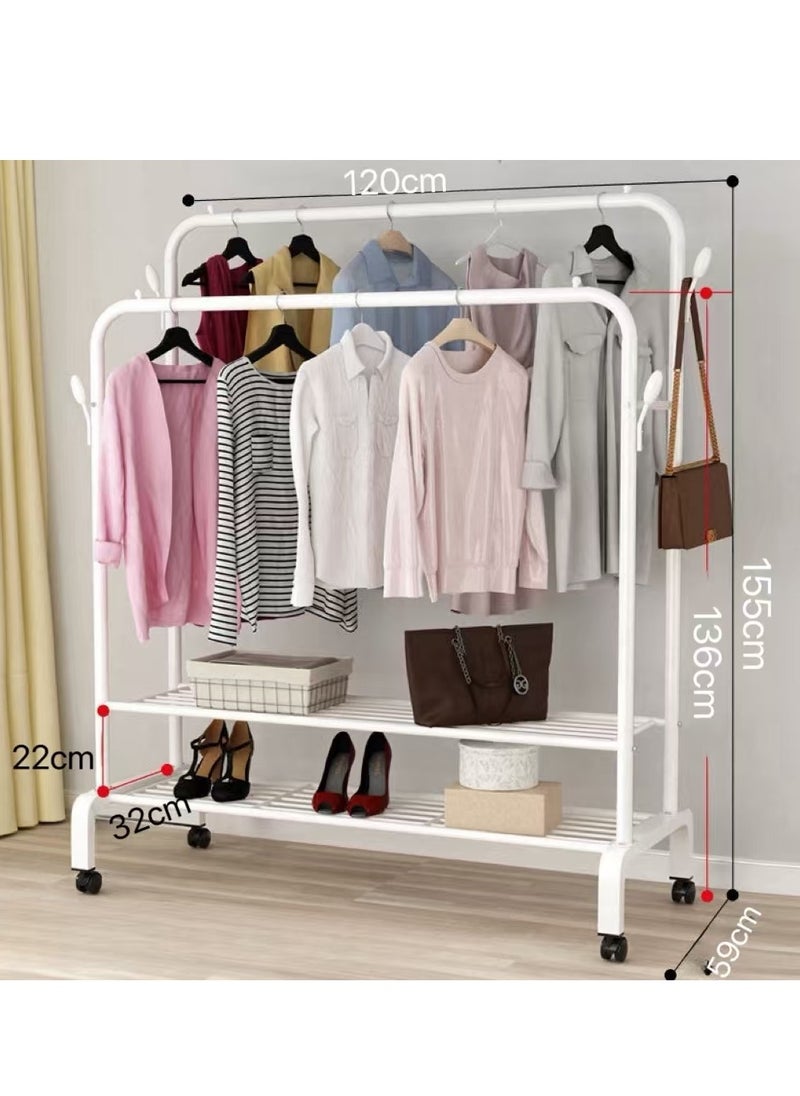 Clothes Organizer Clothes Hanger Clothes Rack Double Rods Clothing Rack Free Standing Metal Clothing Hanging Rack with 2 Layer Storage Rack and Wheels for Bedroom Hallway Entryway（White）