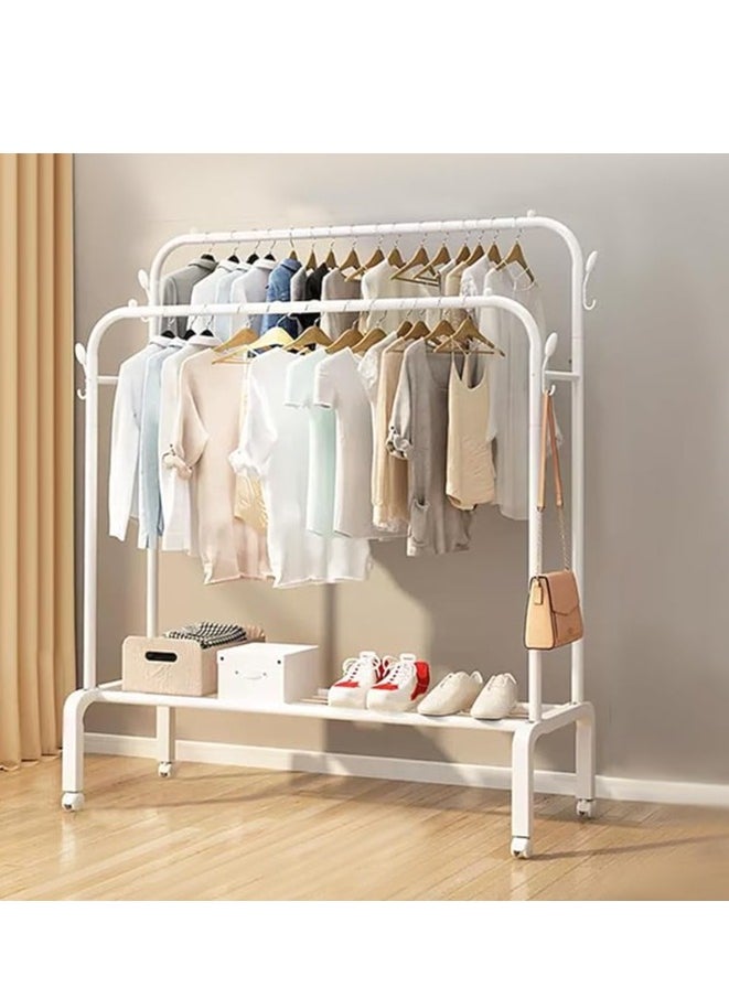 Clothes Organizer Clothes Hanger Clothes Rack Free Standing Metal Clothing Hanging Rack with  Double Rods Clothing Rack，Layer Storage Rack and Wheels for Bedroom Hallway Entryway（130*58*154cm White）