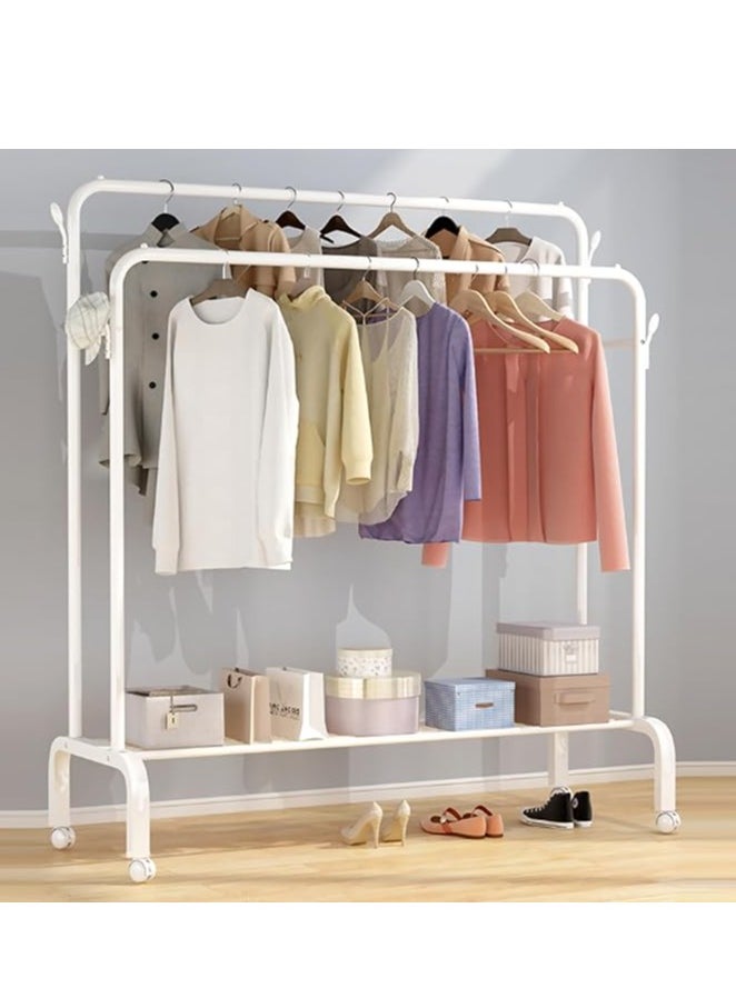 Clothes Organizer Clothes Hanger Clothes Rack Free Standing Metal Clothing Hanging Rack with  Double Rods Clothing Rack，Layer Storage Rack and Wheels for Bedroom Hallway Entryway（130*58*154cm White）