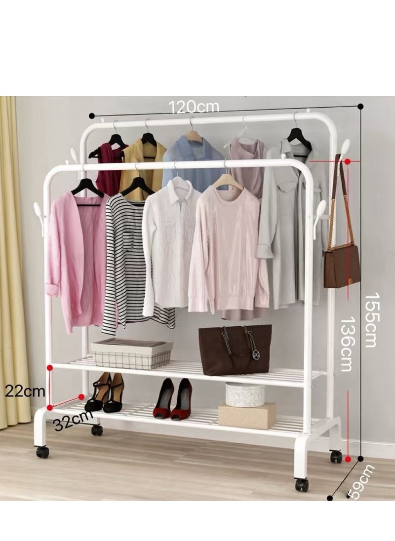 Clothes Organizer Clothes Hanger Clothes Rack Double Rods Clothing Rack Free Standing Metal Clothing Hanging Rack with 2 Layer Storage Rack and Wheels for Bedroom Hallway Entryway（Black）