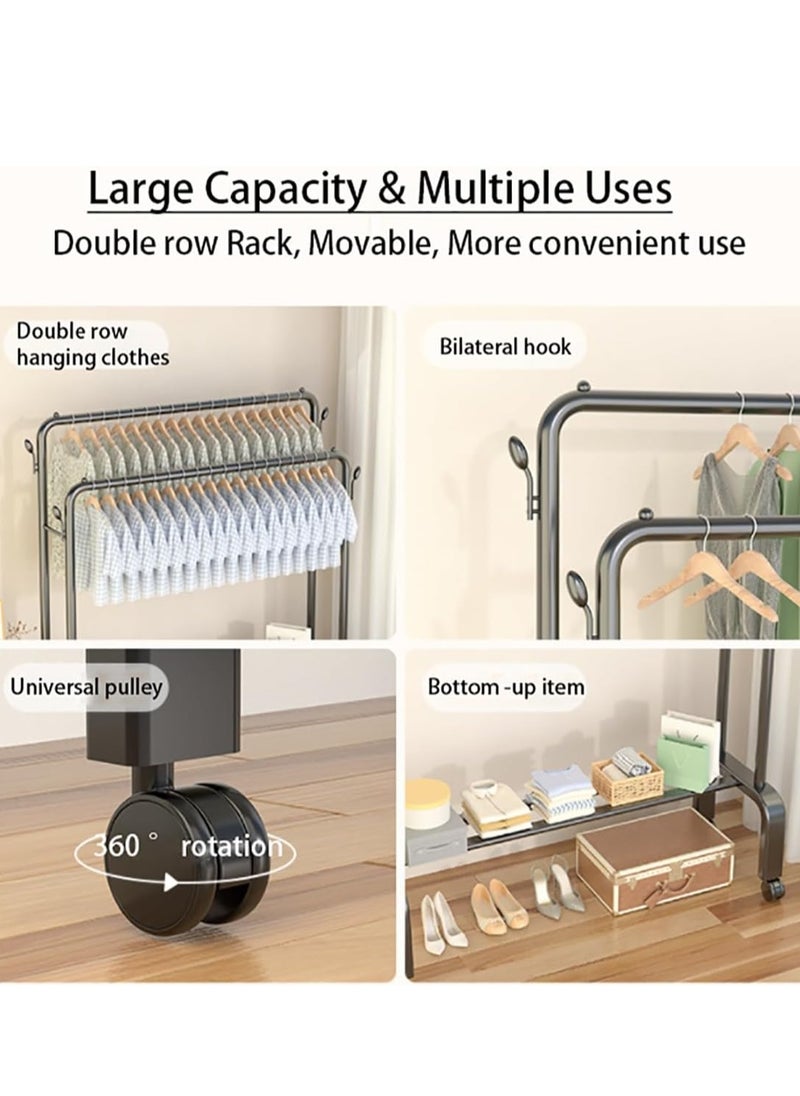 Clothes Organizer Clothes Hanger Clothes Rack Double Rods Clothing Rack Free Standing Metal Clothing Hanging Rack with 2 Layer Storage Rack and Wheels for Bedroom Hallway Entryway（Black）