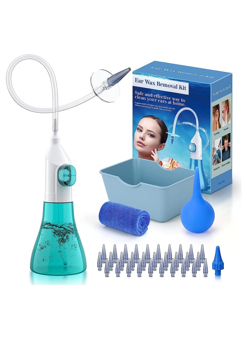 Ear Wax Removal Manual Ear Irrigation Flushing System Safe and Effective Ear Cleaner Ear Cleaning Kit for Adults Kids Ear Wax Removal kit Includes Basin Towel & 31 Tips