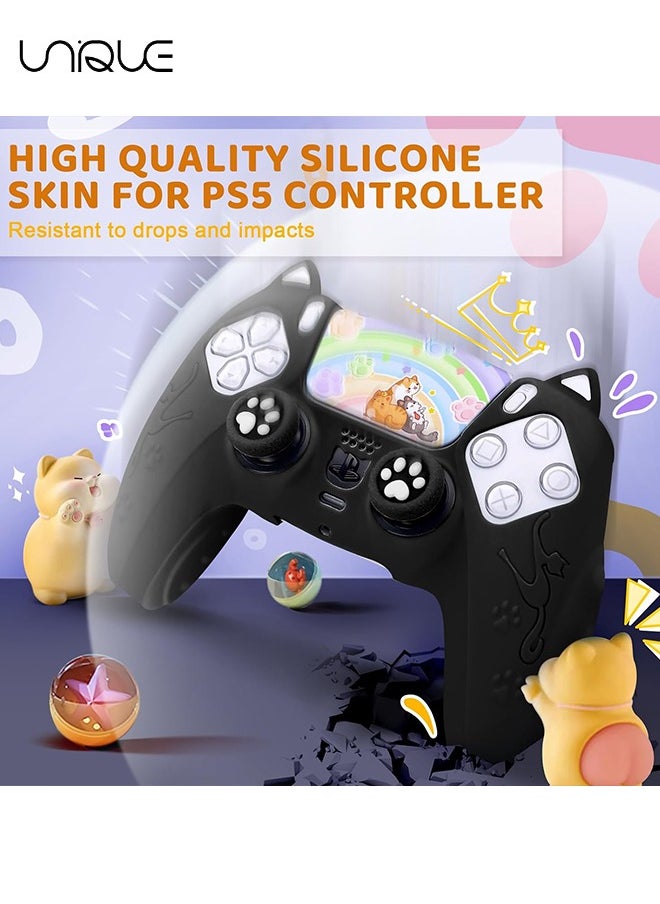 Cute Cat Paw PS5 Controller Skin,Non-Slip Silicone Protective Cover for Playstation 5 Wireless Controller with 2 Thumb Grip Caps,1 cat Sticker（Black）