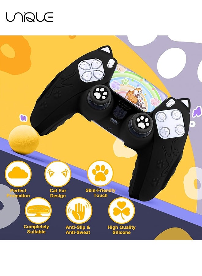 Cute Cat Paw PS5 Controller Skin,Non-Slip Silicone Protective Cover for Playstation 5 Wireless Controller with 2 Thumb Grip Caps,1 cat Sticker（Black）