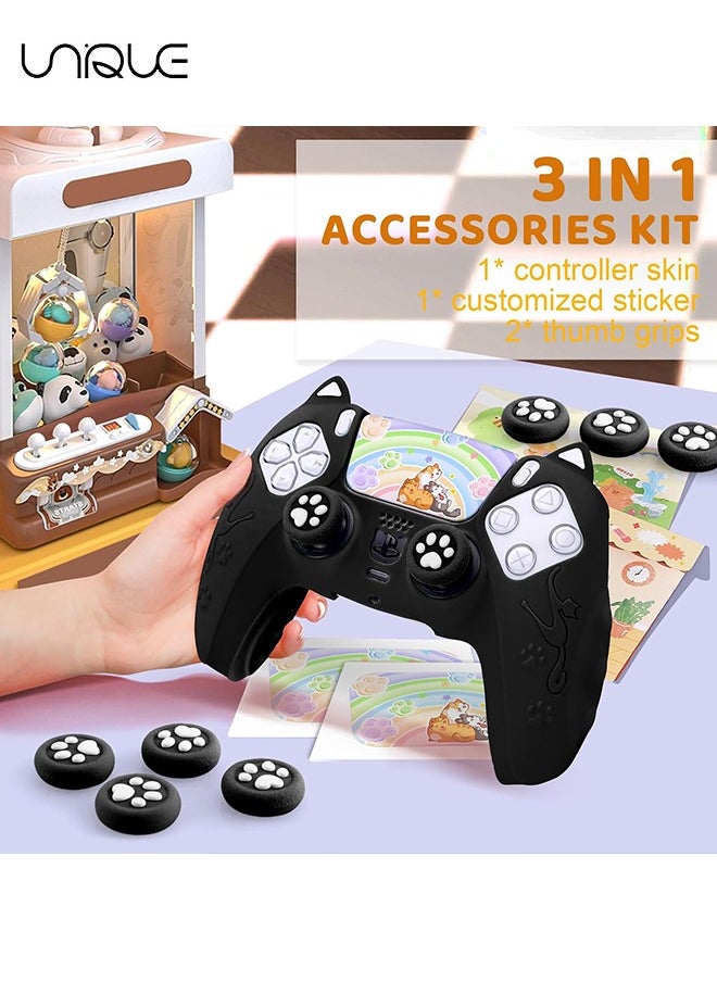 Cute Cat Paw PS5 Controller Skin,Non-Slip Silicone Protective Cover for Playstation 5 Wireless Controller with 2 Thumb Grip Caps,1 cat Sticker（Black）