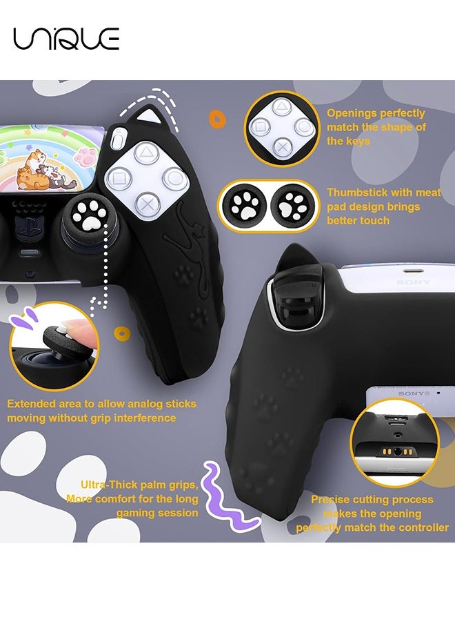 Cute Cat Paw PS5 Controller Skin,Non-Slip Silicone Protective Cover for Playstation 5 Wireless Controller with 2 Thumb Grip Caps,1 cat Sticker（Black）