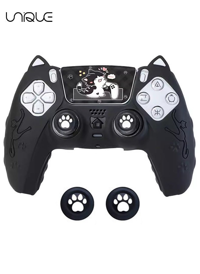 Cute Cat Paw PS5 Controller Skin,Non-Slip Silicone Protective Cover for Playstation 5 Wireless Controller with 2 Thumb Grip Caps,1 cat Sticker（Black）