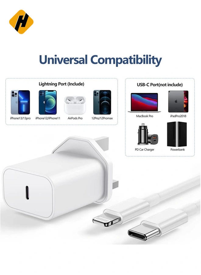 iPhone USB C Fast Charger Plug and Cable - [Apple MFi Certified] 20W Charging Power Adapter and 2M Original Lightning Cable Lead, Wall Charger for Apple iPhone 14 13/12/11/Pro Max/Mini/XR/X/8/7/iPad