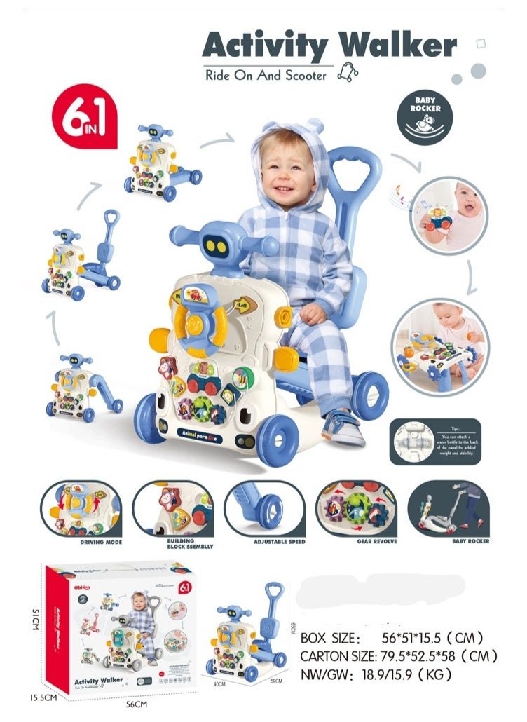 Activity Walker 6-in-1 Ride-On and Scooter is a versatile and interactive toy designed for young children. It combines several features to grow with the child, offering fun and developmental benefits. Here's a description of its main functions: