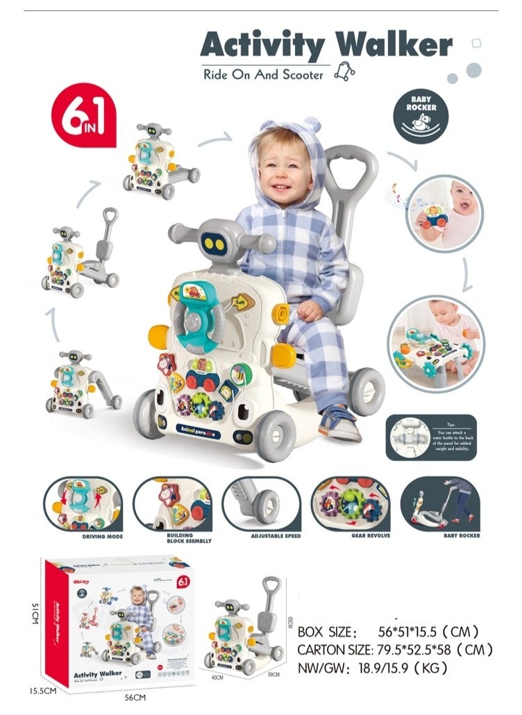 Activity Walker 6-in-1 Ride-On and Scooter is a versatile and interactive toy designed for young children. It combines several features to grow with the child, offering fun and developmental benefits. Here's a description of its main functions: