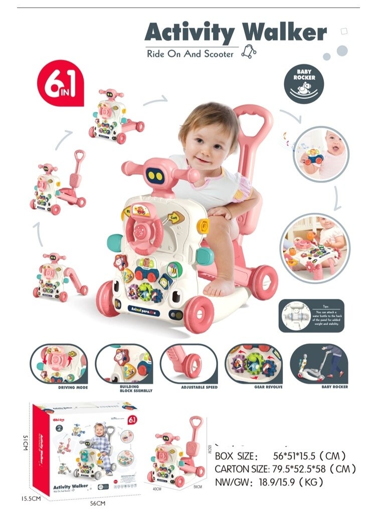 Activity Walker 6-in-1 Ride-On and Scooter is a versatile and interactive toy designed for young children. It combines several features to grow with the child, offering fun and developmental benefits. Here's a description of its main functions: