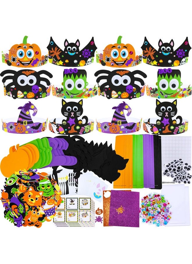 24 Sets Halloween Headbands Craft Kits Diy Crown Art Sets Spider Bat Jack-O'-Lantern Witch Hat With Halloween Foam Stickers Crafts For Kids Classroom Activities Halloween Party Trick-Or-Treat