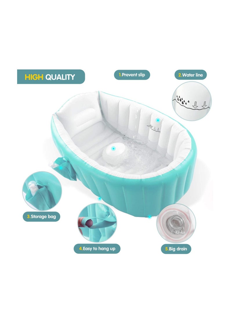 Baby Inflatable Bathtub Portable Infant Toddler Bathing Tub Non Slip Travel Bathtub Mini Air Swimming Pool Kids Thick Foldable Shower Basin Green