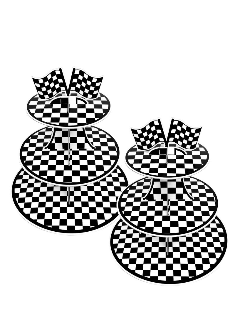 2 Pack Racing Car Theme Cardboard Cupcake Holder, 3-Tier Black and White Checkered Cupcake Stand for 24 Cupcakes, Suitable for Racing Cars Birthday Party Supplies