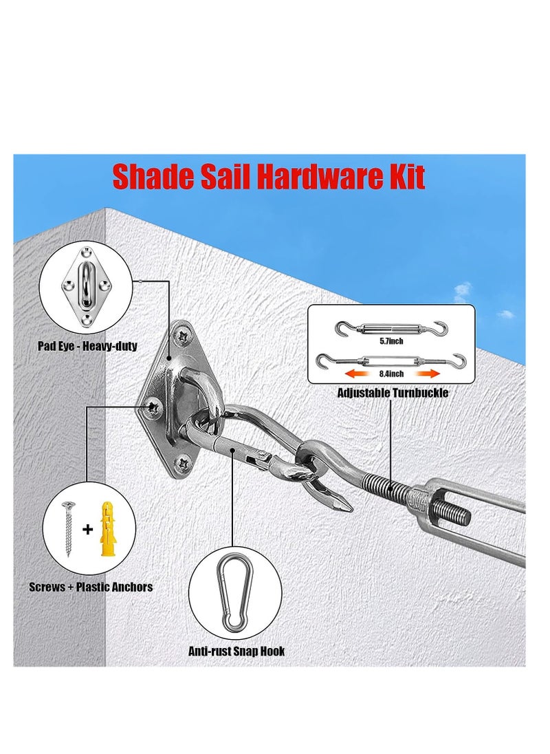 Shade Sail Hardware Kit with 4pcs 13ft Nylon Coated Cable Wire Sun Shade Sail Hardware 304 Grade Stainless Installation Kit Set Triangle Square Rectangle Sun Shade Sail for Outdoor 117Pcs