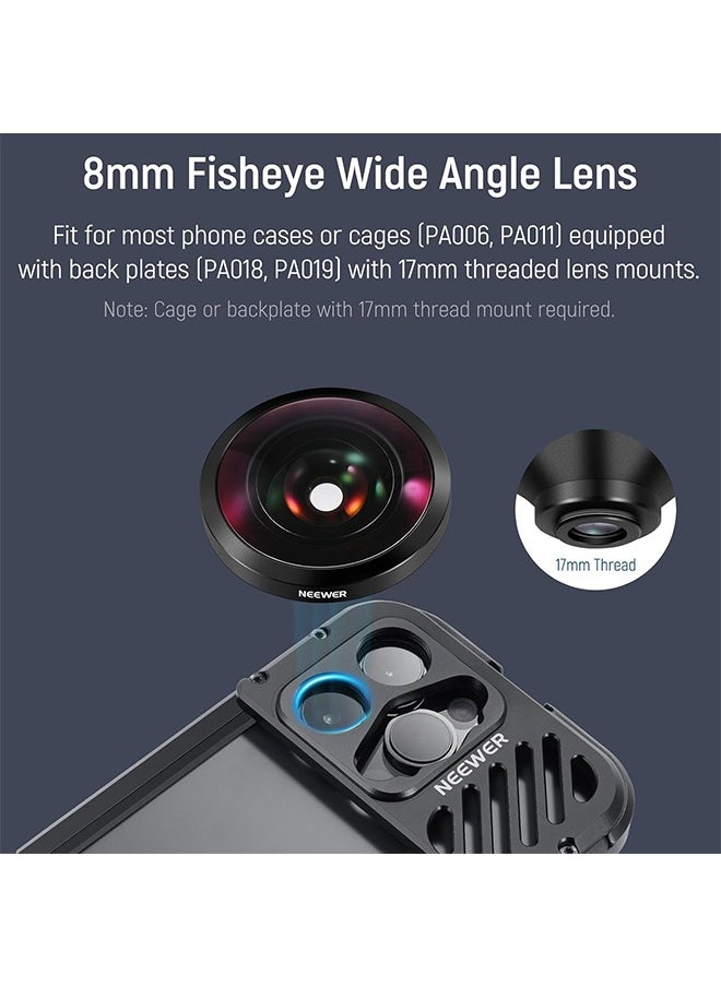 NEEWER HD 8mm fisheye mobile phone lens only suitable for 17mm threaded back plate, 220° wide angle compatible with SmallRig NEEWER iPhone Samsung mobile phone cage case, comes with 17mm lens adapter, LS-29