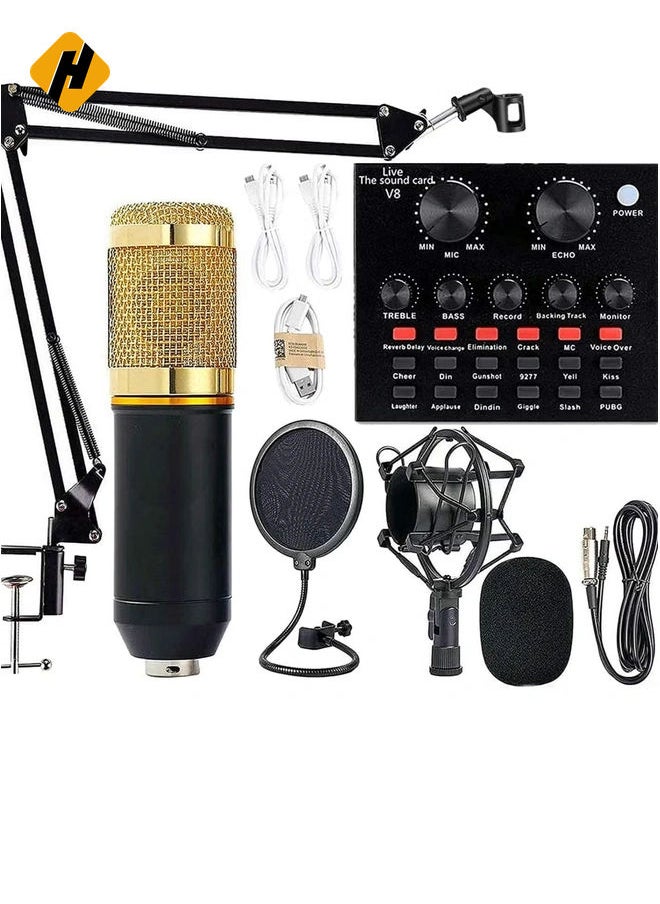 Microphone,Live Sound Card & BM800 Suspension Microphone Kit Broadcasting Recording Condenser Microphone Set Intelligent Volume Audio Mixer Sound Card for Computer PC Live Sound