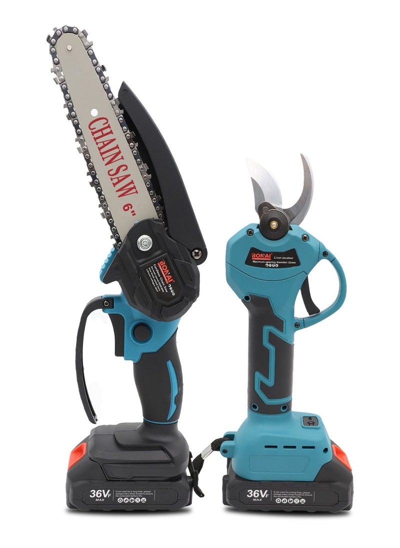 Efficient 2 in1 Cordless Tool Set Electric Chainsaw and Pruning Shears with Twin Batteries for Woodwork Garden Fruit and Flower Pruning